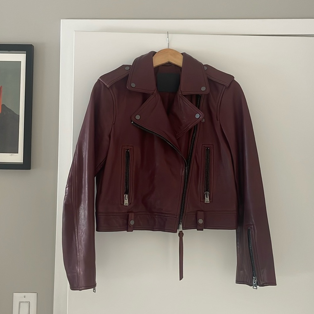 AllSaints oxblood moto jacket.